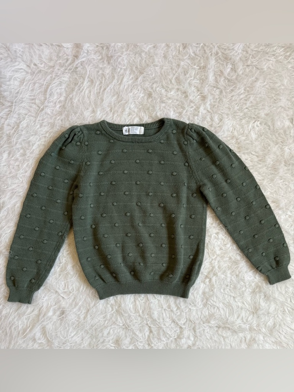 H&M Girls Cottagecore Olive Green Textured Knit Crew Bobble Sweater
